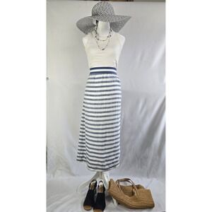 J. Jill Love Linen Blue White Striped Maxi Skirt Womens Medium Elastic Waist